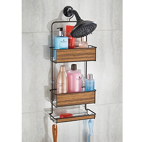 mDesign Estantería ducha sin taladro – Accesorios ducha – Fácil de colgar – Para sus productos de higiene como champú, acondicionador, jabón, etc. - Bronce/madera rosada