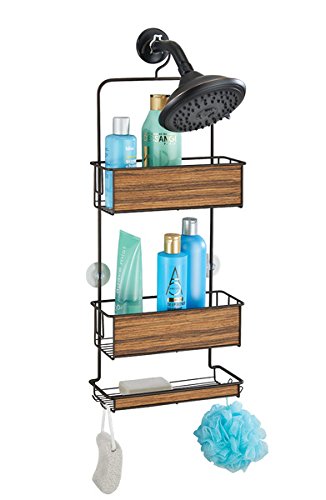 mDesign Estantería ducha sin taladro – Accesorios ducha – Fácil de colgar – Para sus productos de higiene como champú, acondicionador, jabón, etc. - Bronce/madera rosada