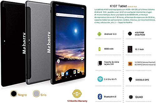 MEBERRY Tablet 10 '' HD IPS WiFi + Cellular 4GB RAM + 64GB ROM Android 10.0 Tableta, Google GMS | Dual SIM & Dual Cámara(5MP + 8MP) | 8000mAh | Bluetooth | GPS, Teclado & Ratón - Gris