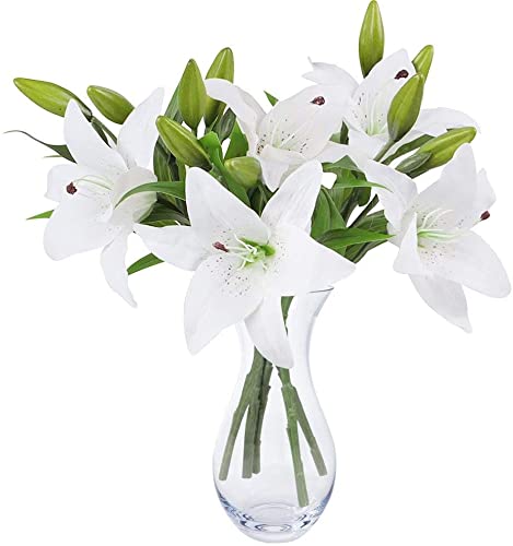 MEIWO Flores Artificiales, 5 Pcs Real Toque Látex Artificial Lillies Flores en Floreros Decoración de Boda/Decoración para el hogar/Parte/Graves Arreglo(Blanco)