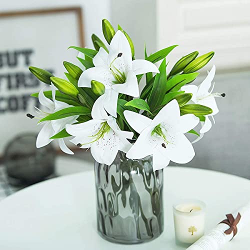 MEIWO Flores Artificiales, 5 Pcs Real Toque Látex Artificial Lillies Flores en Floreros Decoración de Boda/Decoración para el hogar/Parte/Graves Arreglo(Blanco)