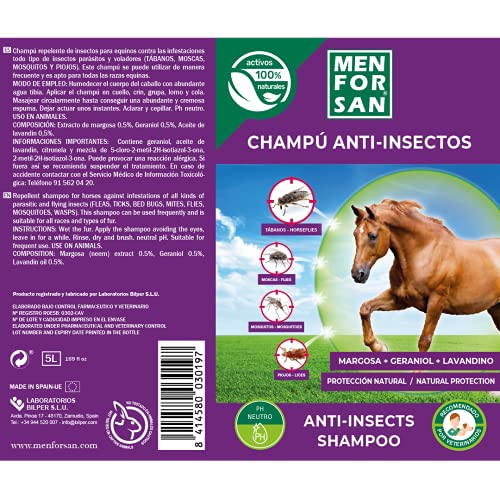 MENFORSAN Champú Anti-Insectos con Margosa, Geraniol y Lavandino para Caballos 5L, Protégelo de Cualquier Insecto