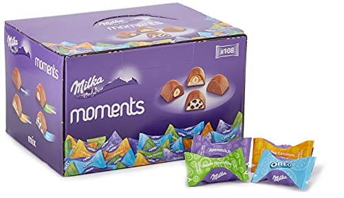 Milka Moments - Surtido de Chocolate Milka, Mix de Sabor Chocolate con Leche de los Alpes, Avellanas, Oreo y Toffee Avellana, Chocolatinas Mini Individuales - Caja de 1 Kg