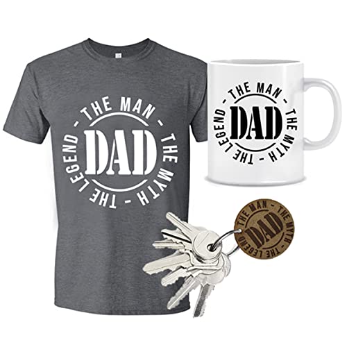 MIMUSELINA Regalo Papá Pack Dia del Padre de Camiseta Hombre, Taza Dad y Llavero de Madera Dad, con Sello Papi Dad, The Man, Myth, Legend. Regalo Papa Padre Primerizo (Talla XL)