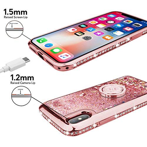 Miss Arts Funda iPhone X/XS [Silverback] Carcasa Brillante Purpurina con Soporte Giratorio de 360 Grados, Transparente Cristal Bumper Telefono Fundas Case Cover para Apple iPhone X/XS -Rose Oro