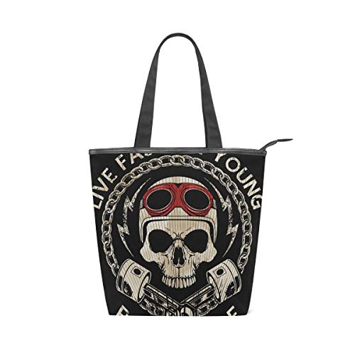 Mnsruu Bolso grande de lona para playa, bolsa de hombro para viajes, compras, calavera retro y vieja escuela, bicicleta de verano para mujeres y niñas