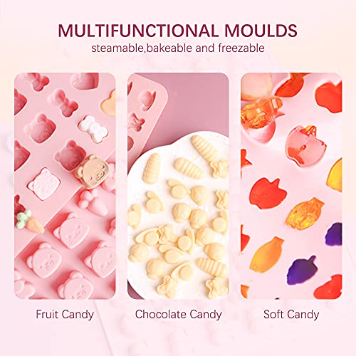 Moldes de silicona para Dulces Gummy Bear Moldes Bandejas de Cubitos de Hielo,Moldes Bombones Silicona,Moldes de Gelatina de Goma Colorida de 4 PCS con 2 Cuentagotas para Suave Galleta,Chocolate