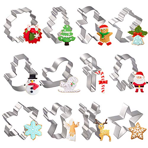 Moldes para Galletas Navidad, joyoldelf 12 Pcs Molde Galletas Navidad Cortadores de Galletas Moldes - Hombre de Jengibre, Árbol de Navidad, Reno, Santa, Copo de Nieve, Muñeco de Nieve, Reno y otras