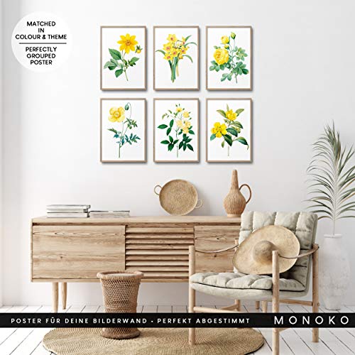 MONOKO® Juego de pósteres para el salón, juego de imágenes para el dormitorio, con estilo, 6 unidades, sin marco (flores, amarillo, narciso, 6 x A4 (21 x 29,7 cm)