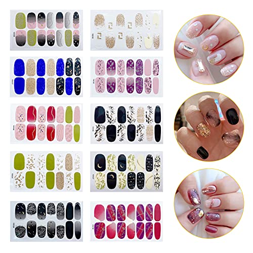 Mousyee Esmalte de Uñas Pegatinas, 10 Hojas Uñas Niñas Pegatinas 10 Estilos de Pegatinas de Uñas Autoadhesivas Pegatinas de Uñas de Envolturas Completas Impermeables Decoraciones de Uñas para Mujeres