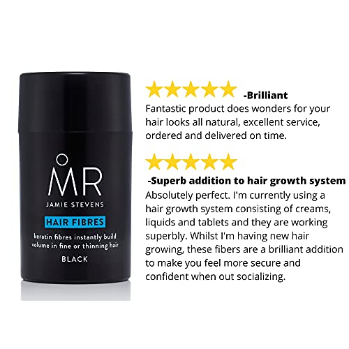 MR Hair Building Fibras Negras, 15 g. Disfraza y cubre el cabello adelgazante o calvo con fibras de queratina. Construye la densidad del cabello para hacer que el cabello se vea y se sienta más grueso