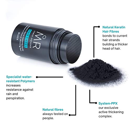 MR Hair Building Fibras Negras, 15 g. Disfraza y cubre el cabello adelgazante o calvo con fibras de queratina. Construye la densidad del cabello para hacer que el cabello se vea y se sienta más grueso