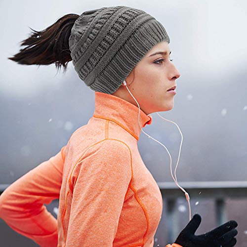 Mujer Gorros de Punto con Agujero para Coleta Otoño Invierno Cálido Suave Elástico Cola de Caballo Sombrero de Punto