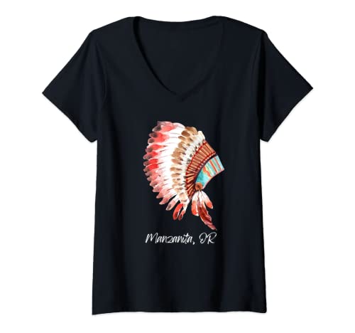 Mujer Manzanita Oregon Acuarela Tocado Nativo Americano Camiseta Cuello V