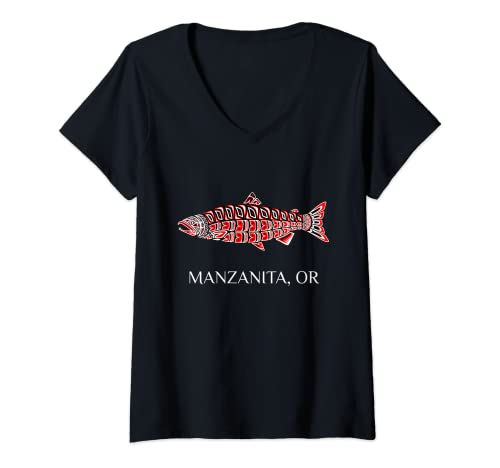 Mujer Manzanita Oregon Coho Salmón Nativo Americano Pescador Camiseta Cuello V