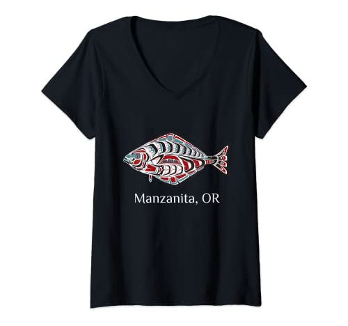 Mujer Manzanita Oregon Halibut PNW Arte indio nativo americano Camiseta Cuello V