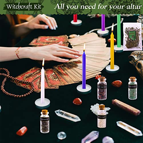 MULEVIP Suministros de Brujería 50 Pcs Kit de Brujería,Velas Hechizos Velas,Mini Piedras Naturales,Hierbas Secas y Velas Mágicas de Colores,Suministros de Oración,Hechizos,Magia,Brujería