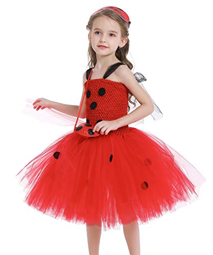 MYRISAM Disfraz de Ladybug para Niña Halloween Dress Up Cosplay Vestido Tutú de Mariquita + Máscara de ojos + Yo-Yo Bolsa Niños 3Pcs Trajes de Partido Carnaval Cumpleaños Navidad 3-4 años