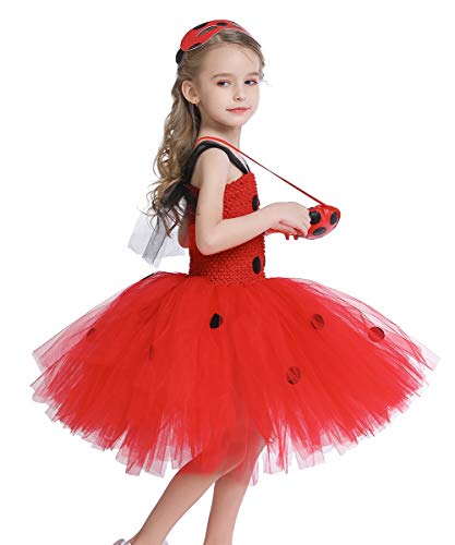 MYRISAM Disfraz de Ladybug para Niña Halloween Dress Up Cosplay Vestido Tutú de Mariquita + Máscara de ojos + Yo-Yo Bolsa Niños 3Pcs Trajes de Partido Carnaval Cumpleaños Navidad 3-4 años