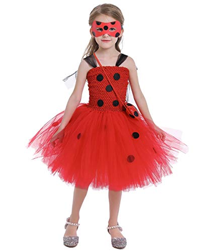 MYRISAM Disfraz de Ladybug para Niña Halloween Dress Up Cosplay Vestido Tutú de Mariquita + Máscara de ojos + Yo-Yo Bolsa Niños 3Pcs Trajes de Partido Carnaval Cumpleaños Navidad 3-4 años