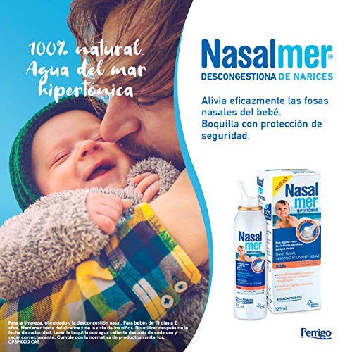 Nasalmer Bebes - Spray Contra la Congestión Nasal - Spray de Higiene y limpieza Nasal - Bebes a partir de 15 días - 100% Agua de Mar. Descongestión y Limpieza Nasal - Solución Hipertónica - 125 ml