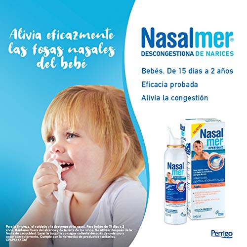 Nasalmer Bebes - Spray Contra la Congestión Nasal - Spray de Higiene y limpieza Nasal - Bebes a partir de 15 días - 100% Agua de Mar. Descongestión y Limpieza Nasal - Solución Hipertónica - 125 ml