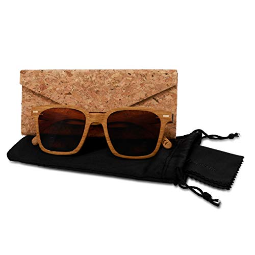 Navaris Gafas de sol de madera filtro UV - Marco de madera multicapa - Lentes polarizadas - Estuche de corcho - Gafas de sol retro unisex - Marrón