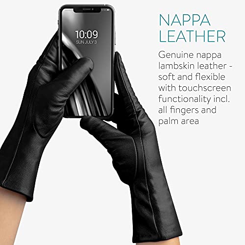 Navaris Guantes de cuero para mujer - 2x Guante de piel genuina de napa con forro de cachemira y lana y función táctil para pantalla - Talla M negro