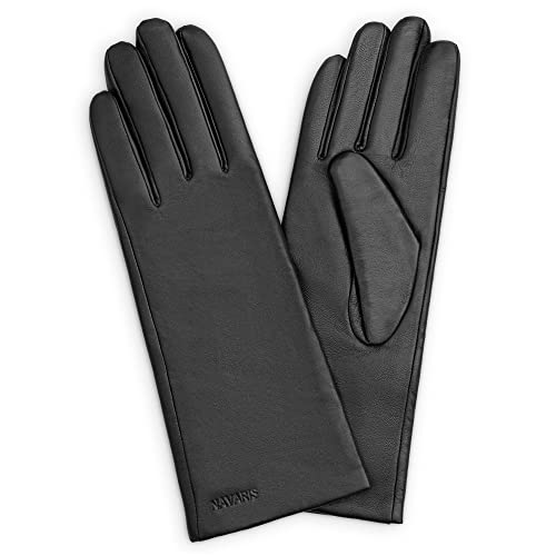 Navaris Guantes de cuero para mujer - 2x Guante de piel genuina de napa con forro de cachemira y lana y función táctil para pantalla - Talla M negro