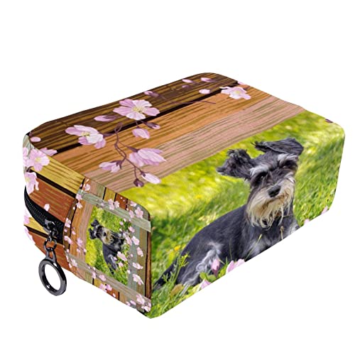 Neceser de Maquillaje Estuche Escolar para Cosméticos Bolsa de Aseo Grande,Tablero de Madera Flor Miniatura Schnauzer Perro