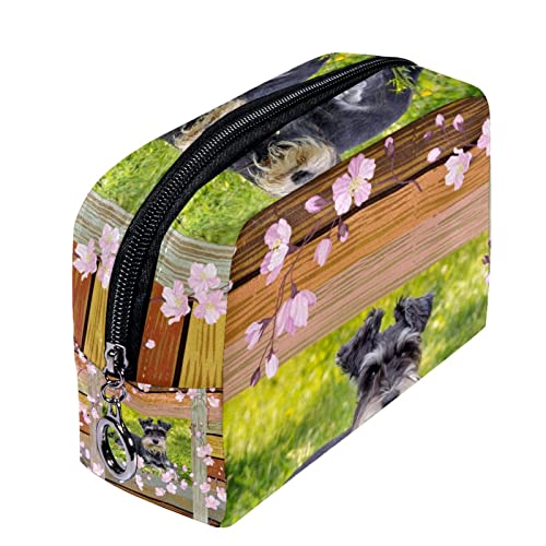 Neceser de Maquillaje Estuche Escolar para Cosméticos Bolsa de Aseo Grande,Tablero de Madera Flor Miniatura Schnauzer Perro