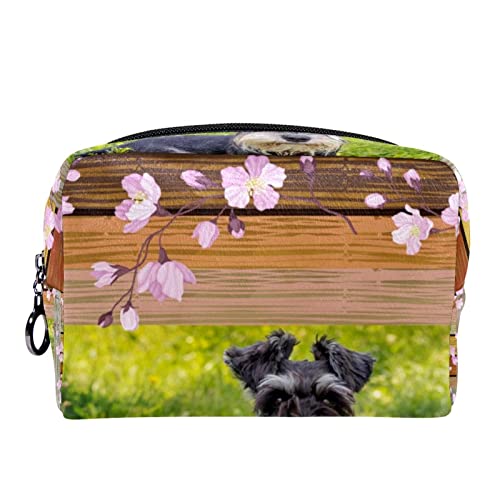 Neceser de Maquillaje Estuche Escolar para Cosméticos Bolsa de Aseo Grande,Tablero de Madera Flor Miniatura Schnauzer Perro