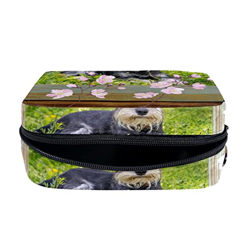 Neceser de Maquillaje Estuche Escolar para Cosméticos Bolsa de Aseo Grande,Tablero de Madera Flor Miniatura Schnauzer Perro