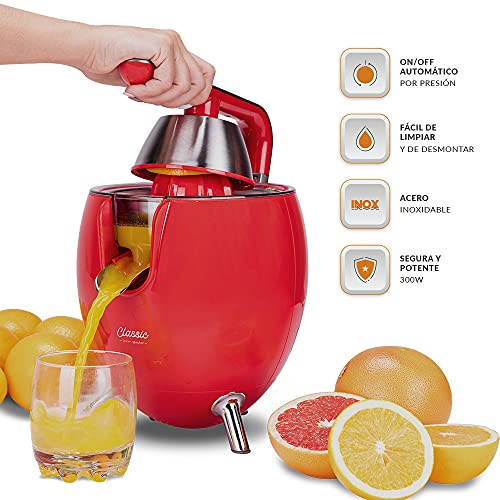 NEW CHEF - Exprimidor Zumo Eléctrico Juicer Classic Rojo para Naranjas y Cítricos, 300W con Doble Cono, Sist. Antigoteo y ON/OFF Automático. Máquina Exprimidora de Zumo Desmontable y de Fácil Limpieza