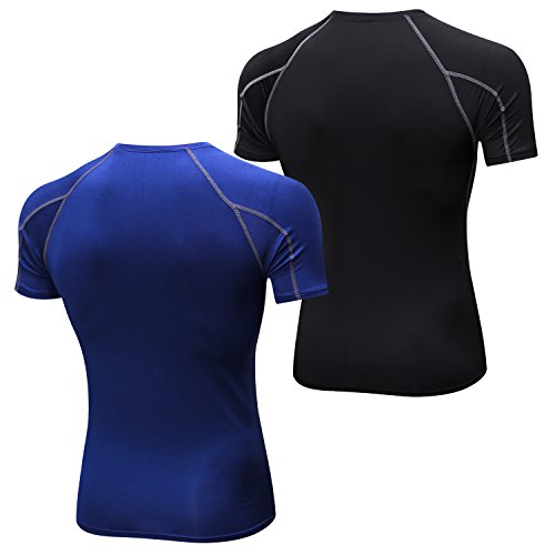 Niksa 2 Piezas Camisetas de Fitness Compresión Ropa Deportiva Manga Corta Hombre para Correr, Ejercicio,Gimnasio Negro Gris+ Azul Marino 1053(M)