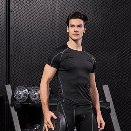 Niksa 2 Piezas Camisetas de Fitness Compresión Ropa Deportiva Manga Corta Hombre para Correr, Ejercicio,Gimnasio Negro Gris+ Azul Marino 1053(M)