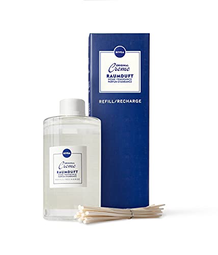 NIVEA Creme - Recambio para ambientador con aroma a crema, suficiente para aproximadamente 2,5 recargas Creme Original, recipiente de cristal con 12 varillas de madera, 250 ml