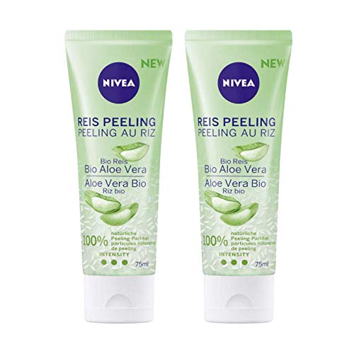 NIVEA Exfoliante orgánico de aloe vera y arroz - arroz natural 100% orgánico para pieles normales y mixtas exfoliante facial sin microplástico, alta intensidad de exfoliación [2 x 75 ml]