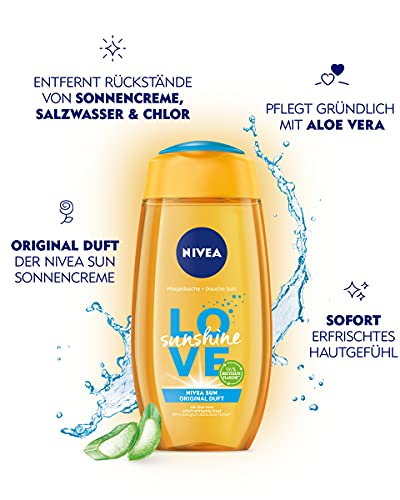 NIVEA Love Sunshine - Gel de ducha (250 ml), gel de ducha veraniego con aloe vera para una piel notablemente suave, ducha con el exclusivo aroma de crema solar Nivea Sun