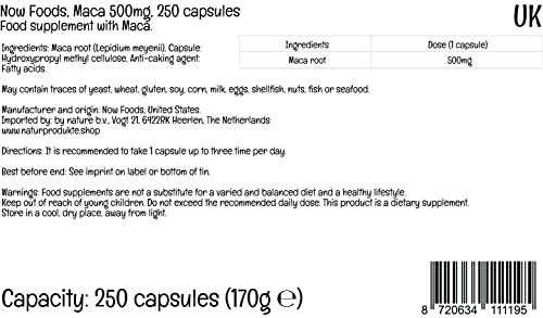 Now Foods, Maca, 500 mg, 250 Cápsulas veganas, Probado en Laboratorio, Vegetal, Sin Gluten, Sin Soja, Vegetariano