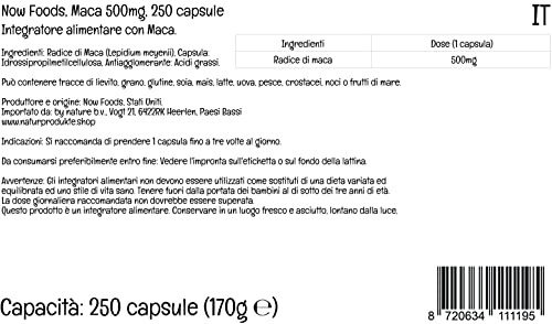 Now Foods, Maca, 500 mg, 250 Cápsulas veganas, Probado en Laboratorio, Vegetal, Sin Gluten, Sin Soja, Vegetariano