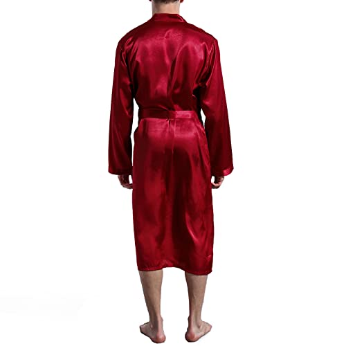 Nuofengkudu Hombre Saten Albornoz Manga Larga con Bolsillo Soft Kimono Japones Batas Peluqueria Color Sólido Pijamas Premama Batas de Casa Novia Boda Sleepwear (Rojo,L)