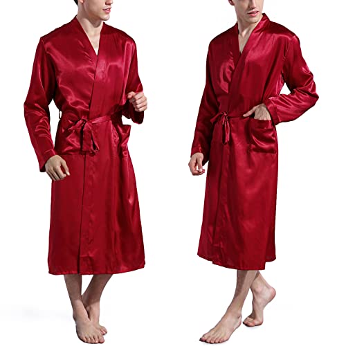 Nuofengkudu Hombre Saten Albornoz Manga Larga con Bolsillo Soft Kimono Japones Batas Peluqueria Color Sólido Pijamas Premama Batas de Casa Novia Boda Sleepwear (Rojo,L)