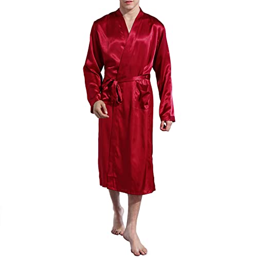 Nuofengkudu Hombre Saten Albornoz Manga Larga con Bolsillo Soft Kimono Japones Batas Peluqueria Color Sólido Pijamas Premama Batas de Casa Novia Boda Sleepwear (Rojo,L)