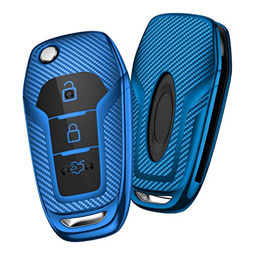 OATSBASF Funda para Llave Ford,Cover Carcasa de TPU Silicona para Ford, Mondeo, Fiesta, Focus, Galaxy, Mustang, Kuga, Fusion Protección Llaveros Mando a Distancia（Azul-Raya）