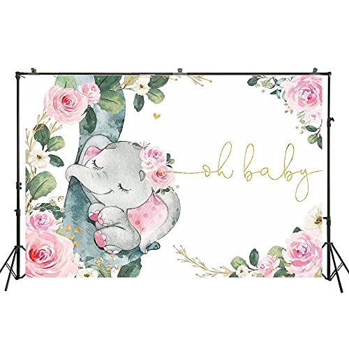 oh baby shower Pink Girl Elefante telón de fondo Blush Floral Roses Jungle Wild One Greenery Bebé Niña Babyshower Fiesta Decoración Escena Setter Fondo Banner