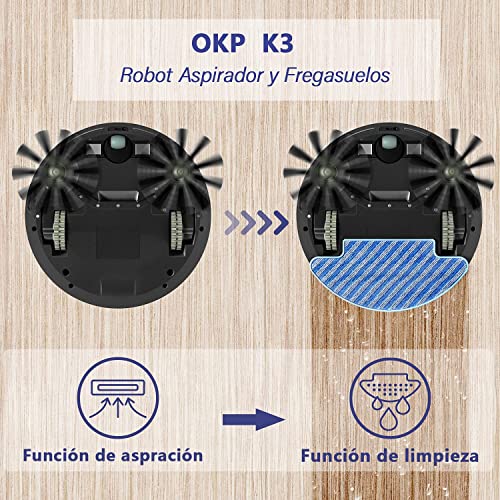 OKP Robot Aspirador, Robot Aspirador y Fregasuelos, 2000Pa, Carga Automática, Compatible con App,Alexa y Google Home, Ideal para Pelo de Mascotas, Piso, Alfombra, K3