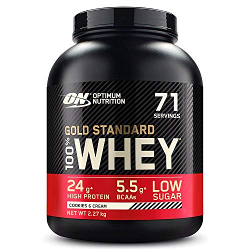 Optimum Nutrition Gold Standard 100% Whey Proteína en Polvo, Glutamina y Aminoácidos Naturales, BCAA, Galletas y Crema, 71 Porciones, 2,27kg, Embalaje Puede Variar