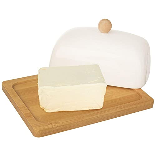 ORION GROUP Mantequera de porcelana con tapa, 16 x 13 x 8,5 cm, porcelana blanca y madera de bambú, recipiente de mantequilla ecológico, decoración perfecta para mesa y cocina