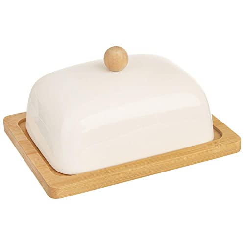 ORION GROUP Mantequera de porcelana con tapa, 16 x 13 x 8,5 cm, porcelana blanca y madera de bambú, recipiente de mantequilla ecológico, decoración perfecta para mesa y cocina